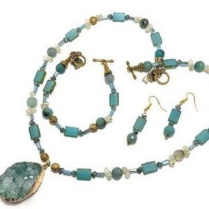 Handmade Jewelry Set by Surdigirl - Dyed Aqua Quartz, Blue Agate, Glass